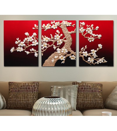 Zlatá magnolie v červené  set 3 ks - obraz dekorace na zeď 